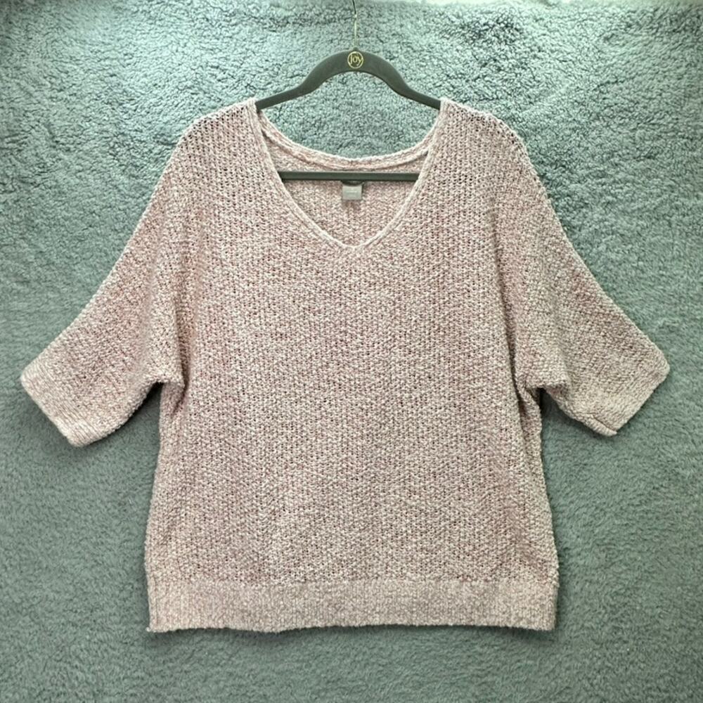 Chico's Size 3 (XL) Pink Knit Short Sleeve Sweater V-Neck Soft Comfort Classic